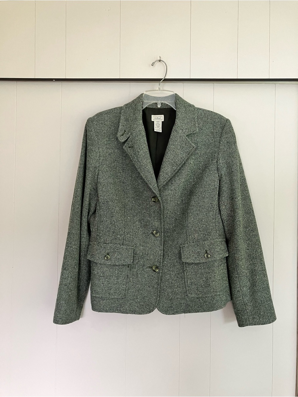 L.L. Bean Wool & Silk Blend Women's Green Tweed Notch-Lapel Blazer Academic